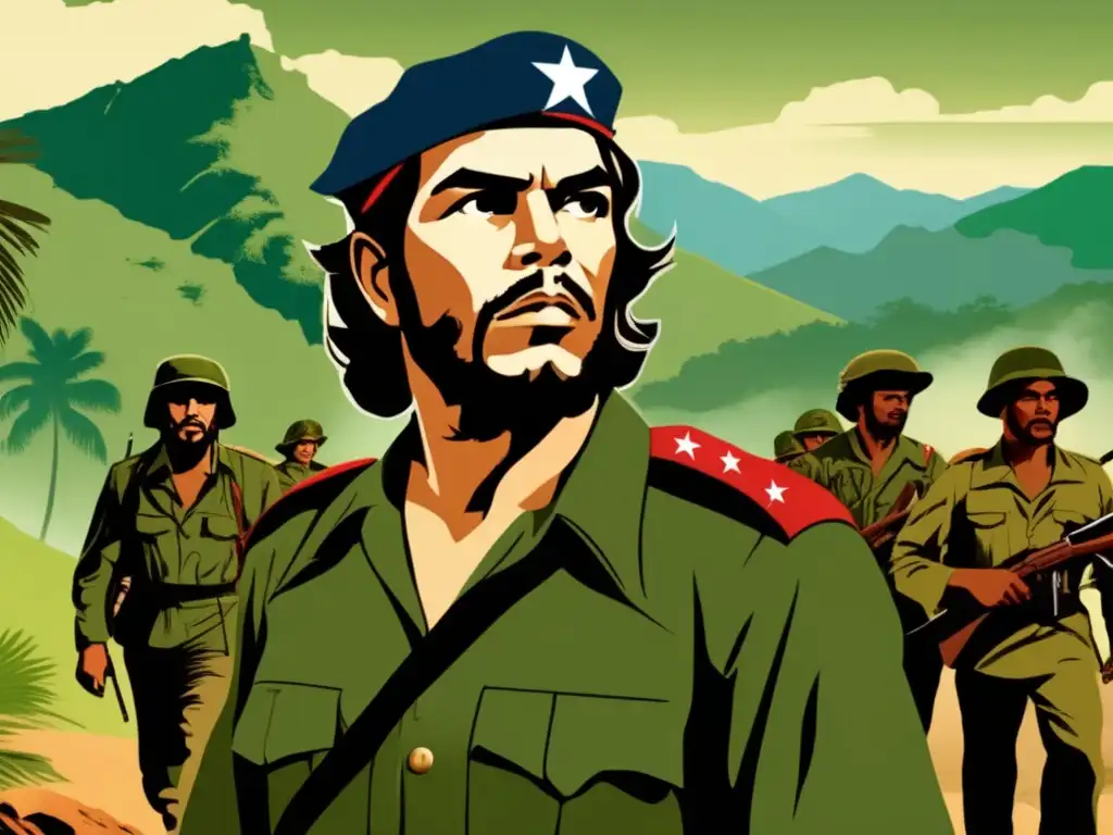 Un líder revolucionario, Che Guevara, guía a un grupo por las montañas de Sierra Maestra durante la revolución cubana