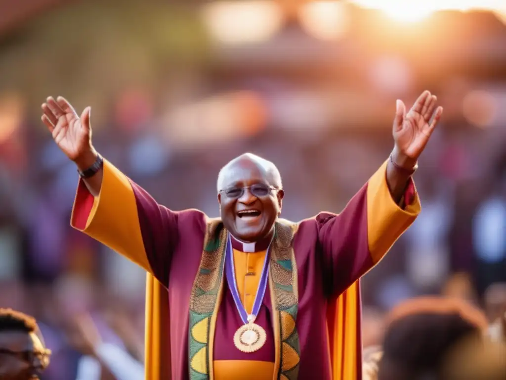 El líder sudafricano Desmond Tutu irradia esperanza y reconciliación, con los brazos abiertos hacia una multitud diversa al atardecer