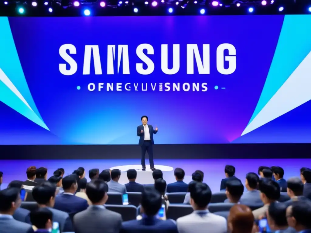 Un líder visionario, Lee Byungchul, presenta el legado de Samsung en una conferencia tecnológica, rodeado de innovación y admiración
