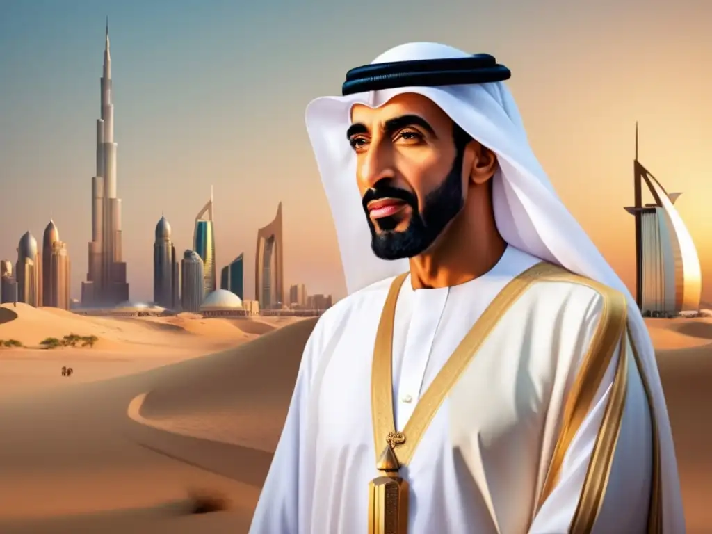 El líder visionario Sheikh Zayed bin Sultan Al Nahyan, rodeado de los hitos emblemáticos de los Emiratos Árabes Unidos