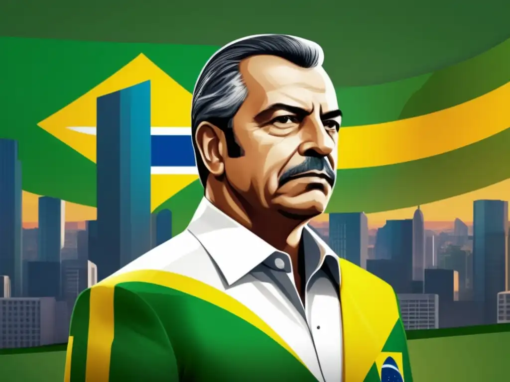 José Sarney muestra liderazgo en la transición brasileña, con determinación frente a la bandera de Brasil