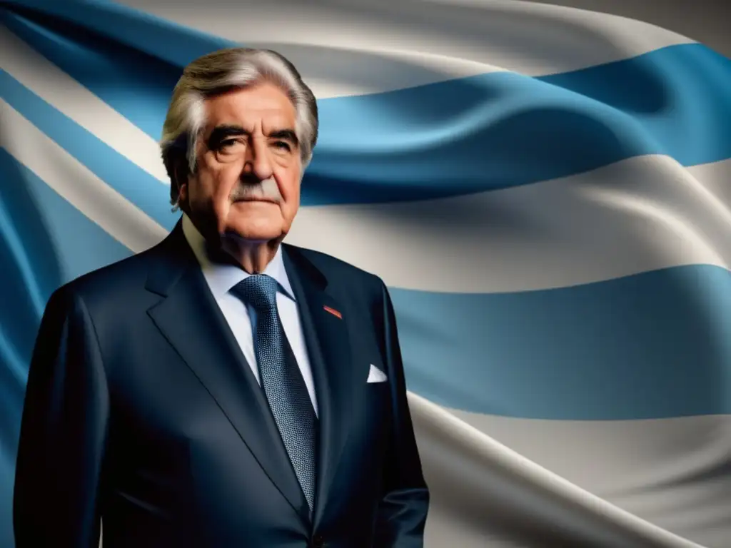 Luis Alberto Lacalle, expresidente de Uruguay, irradia liderazgo y determinación frente a la bandera uruguaya en un entorno moderno