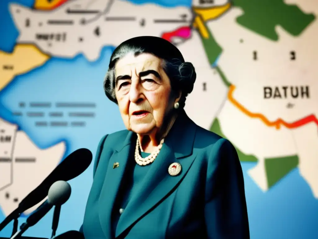 Golda Meir muestra liderazgo durante el Yom Kippur, dirigiéndose a líderes militares frente a un mapa estratégico del Medio Oriente