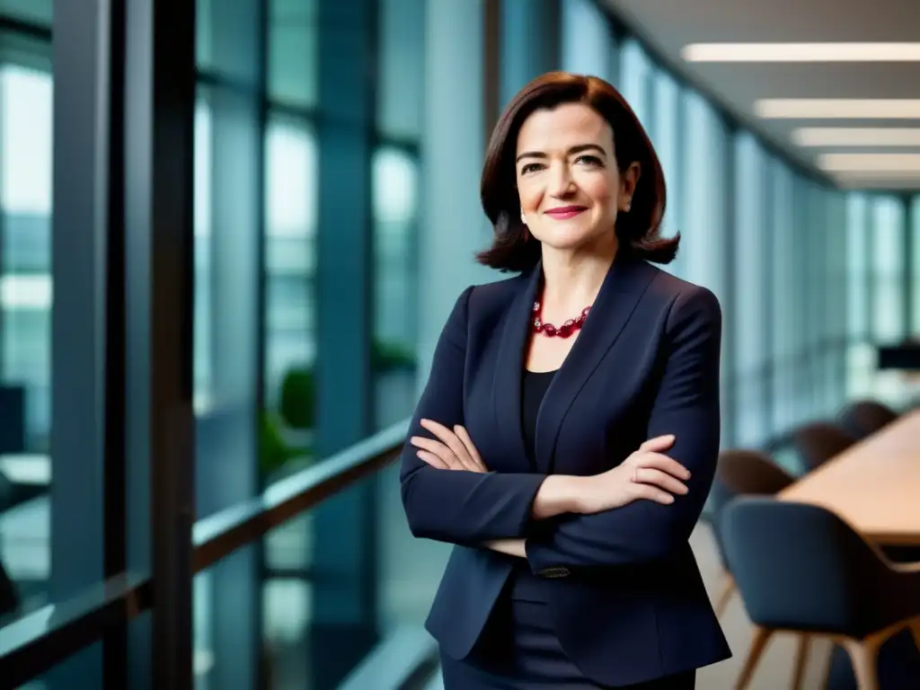 Sheryl Sandberg muestra determinación y liderazgo en una oficina moderna