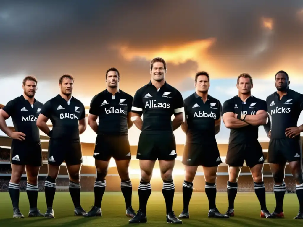 Liderazgo de Richie McCaw en los All Blacks, equipo listo para la batalla, bandera de Nueva Zelanda al fondo