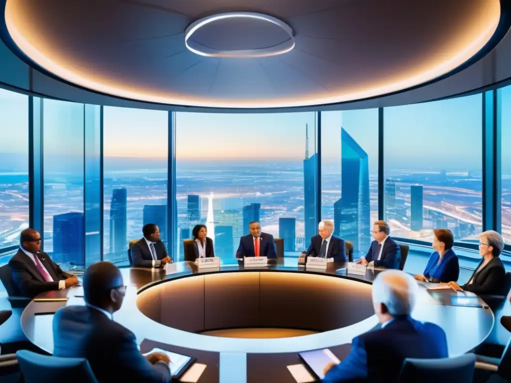 Líderes mundiales en una cumbre económica global, discutiendo en una sala futurista iluminada por luz natural
