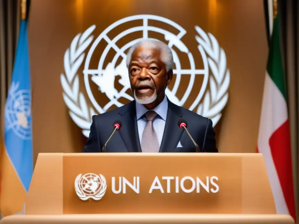 Kofi Annan en la ONU dirigiéndose a líderes mundiales, con expresión seria