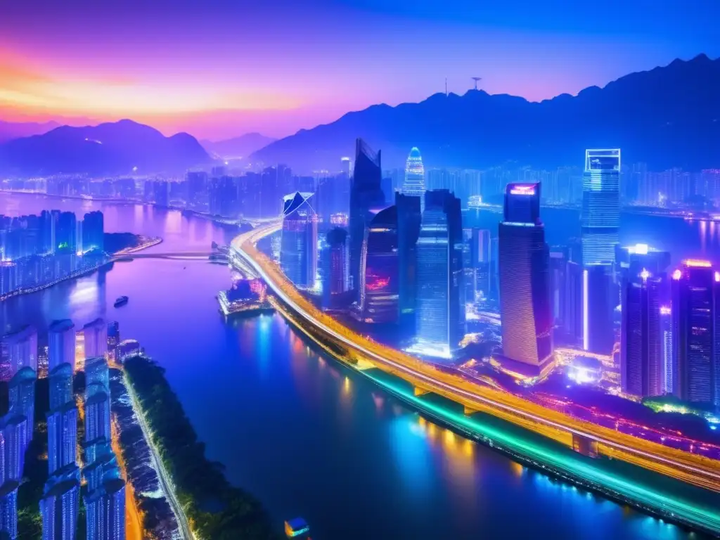 Líderes conectando Asia con el mundo: Deslumbrante ciudad nocturna con rascacielos iluminados, autopistas y montañas al fondo