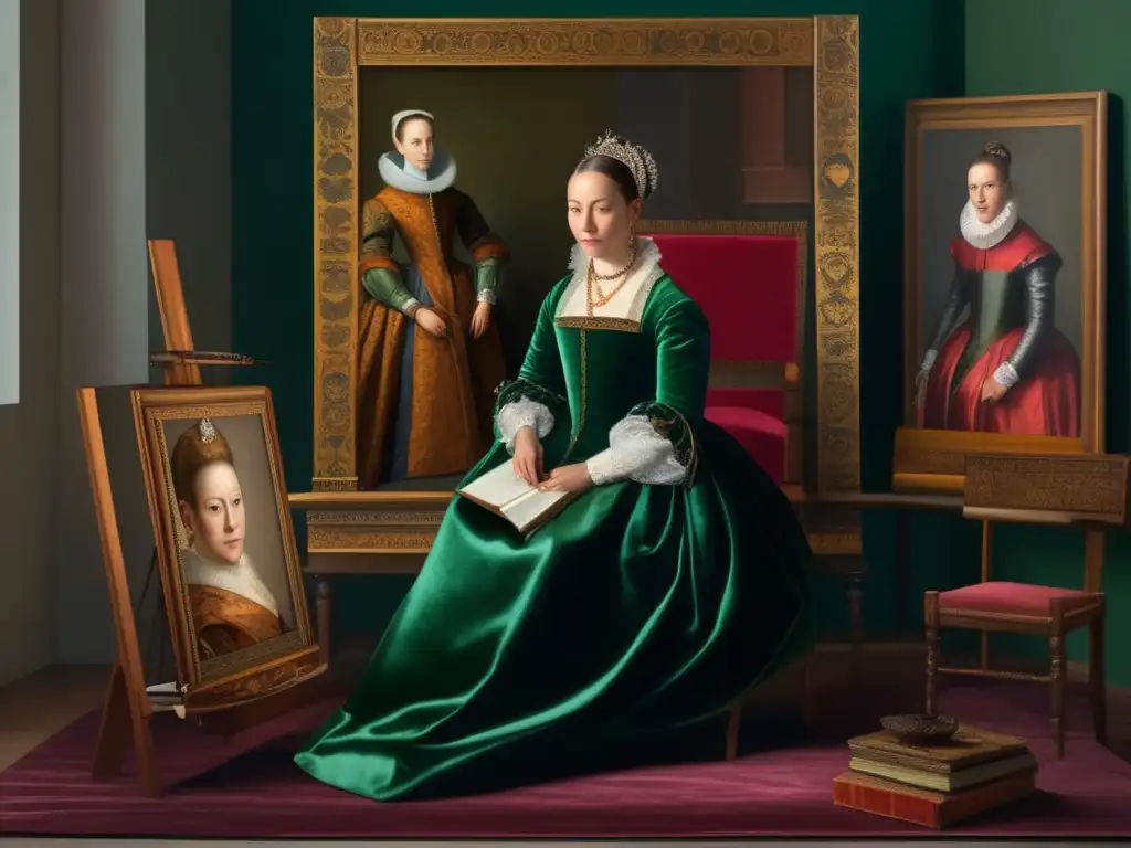 En el lienzo digital, Sofonisba Anguissola se sienta en su estudio renacentista, rodeada de retratos vivos y coloridos