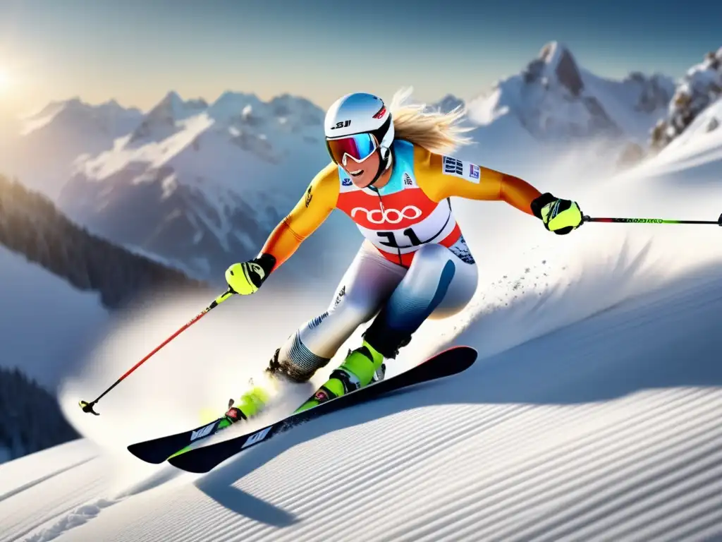 Lindsey Vonn esquiando en la nieve alpina con influencia palpable