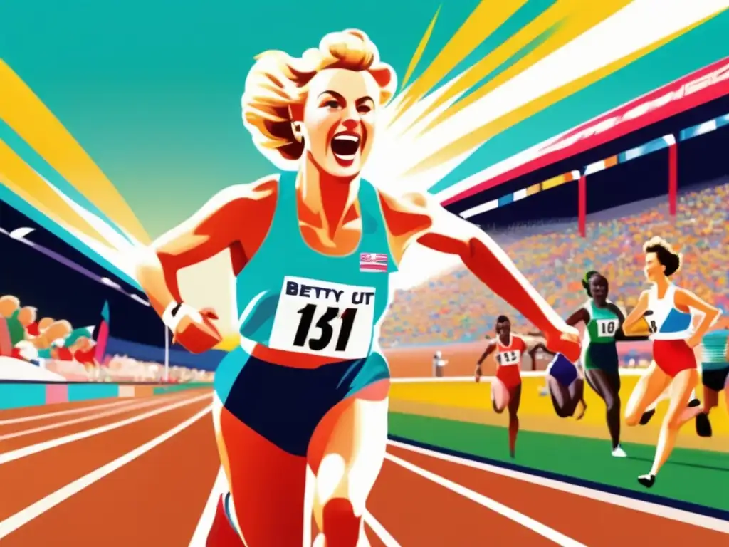 Betty Cuthbert cruza la línea de meta con una expresión triunfante, capturando su carrera olímpica