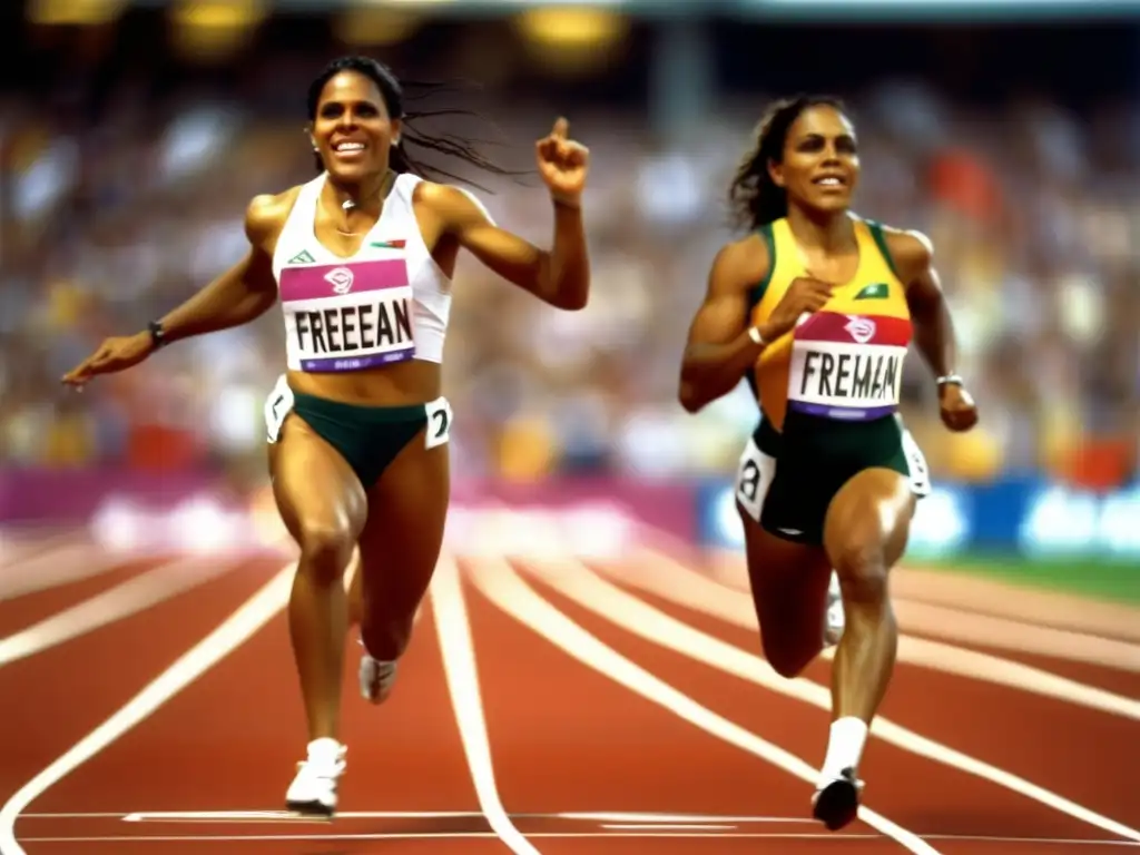 Cathy Freeman cruza la línea de meta en la final de los 400m en las Olimpiadas de Sydney 2000, con determinación y triunfo