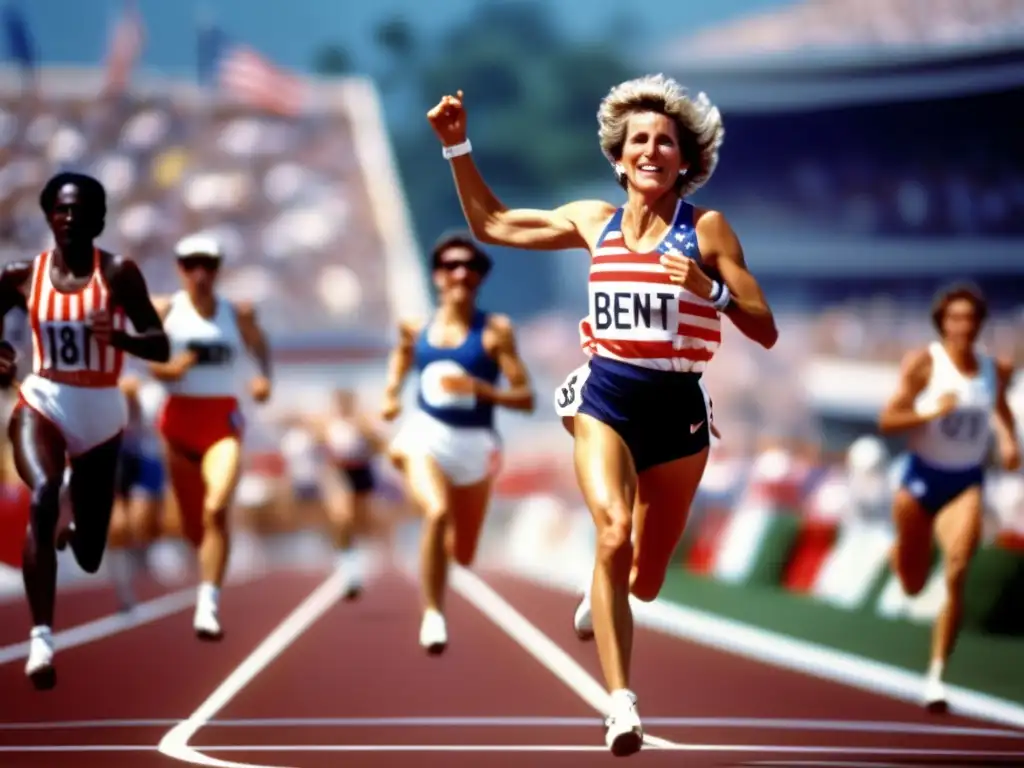 Joan Benoit cruza la línea de meta en los Juegos Olímpicos de Los Ángeles 1984, con determinación y triunfo