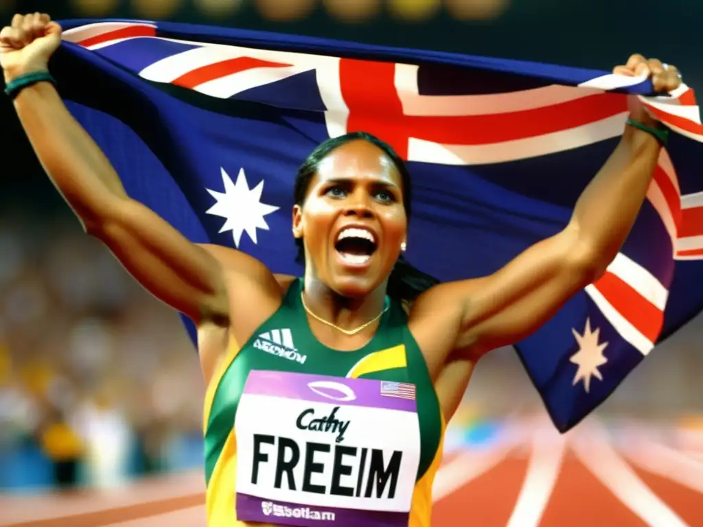 Cathy Freeman cruza la línea de meta en los Juegos Olímpicos de 2000 con la bandera australiana, radiante de determinación y triunfo