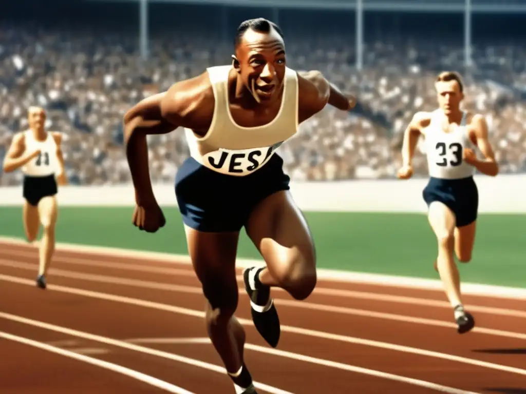 Jesse Owens cruza la línea de meta en las Olimpiadas de Berlín 1936, usando los zapatos de los hermanos Dassler, con una multitud animada de fondo