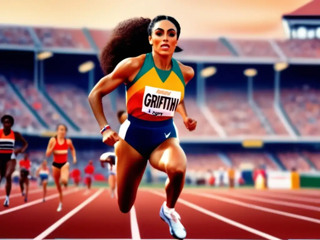 Florence Griffith Joyner en la línea de salida, deslumbrante y poderosa, su legado vibrante en el atletismo palpable en la imagen