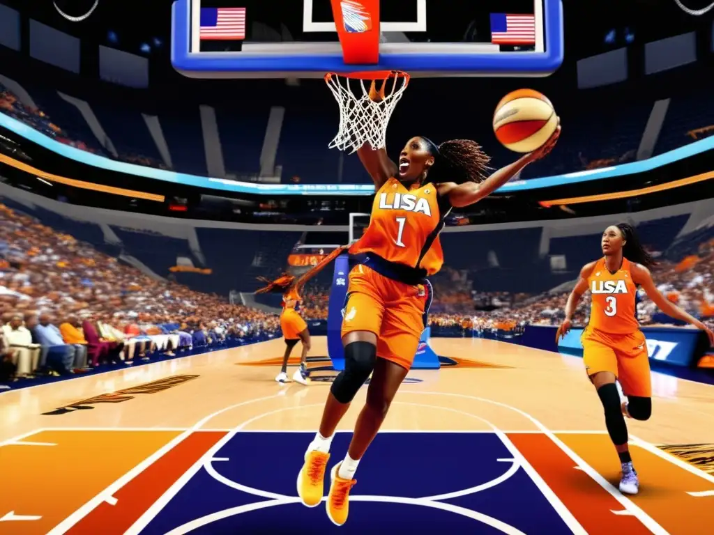 Lisa Leslie arrasa con un impresionante mate en un juego de la WNBA, con una multitud animando en el fondo