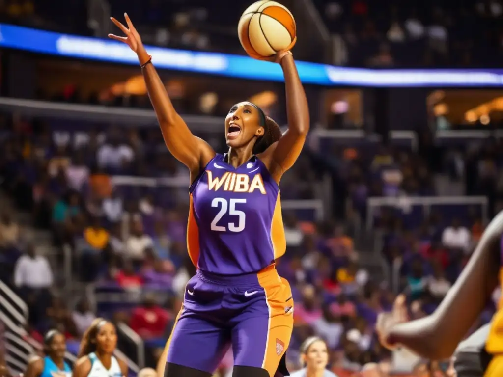 Lisa Leslie, leyenda del baloncesto femenino, realiza un espectacular mate en un estadio lleno de fans emocionados