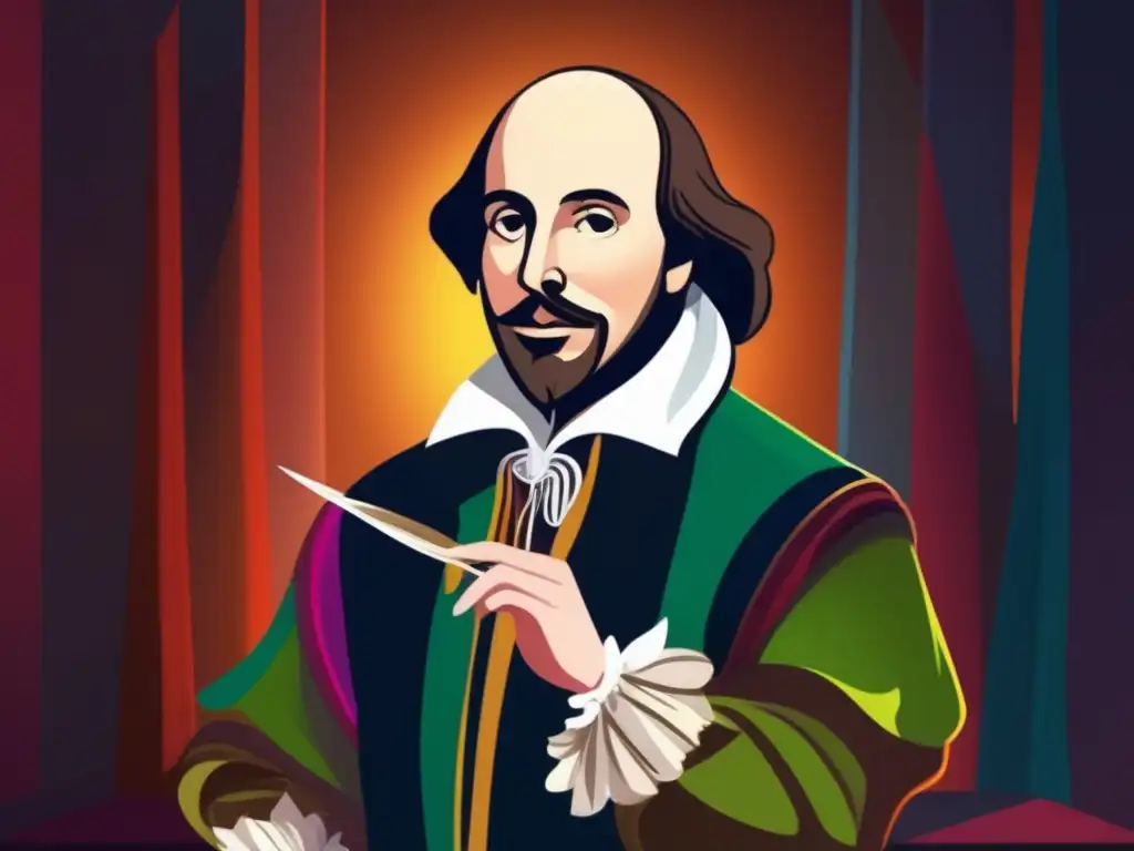 William Shakespeare, genio de la literatura y el teatro, retratado en un escenario con iluminación dramática, sosteniendo una pluma