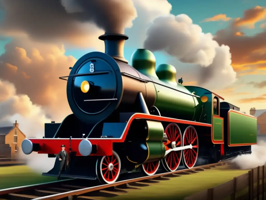 Richard Trevithick, inventor de la locomotora de vapor, posa junto a su revolucionaria creación, rodeado de nubes de vapor y un ambiente de progreso industrial