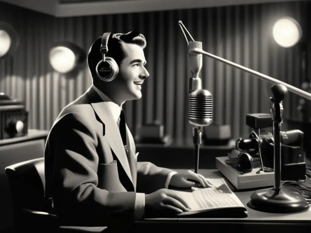 Un locutor radiofónico carismático de los años 50 habla frente a un micrófono clásico rodeado de equipo retro