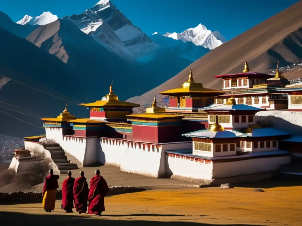 Lógica y debate en budismo tibetano: Monasterio tibetano en los Himalayas, con monjes debatiendo bajo la mirada de picos nevados