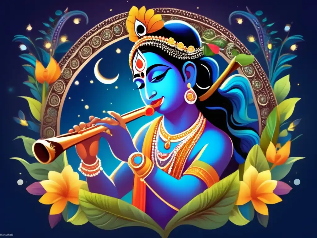 Lord Krishna, Dios amoroso influencia Bhakti, toca la flauta bajo la serena luz de la luna, rodeado de exuberante naturaleza y flores coloridas