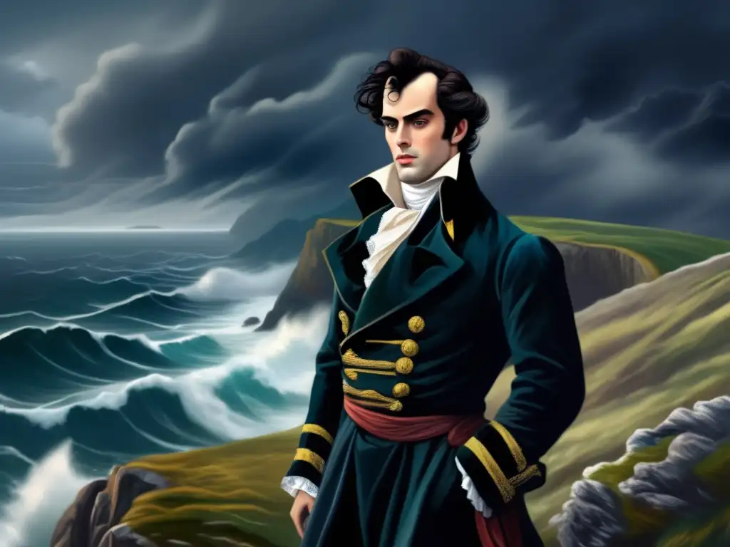 Lord Byron vida y obra: Pintura digital detallada de Lord Byron en un acantilado, mirando al mar tormentoso con nubes dramáticas sobre él