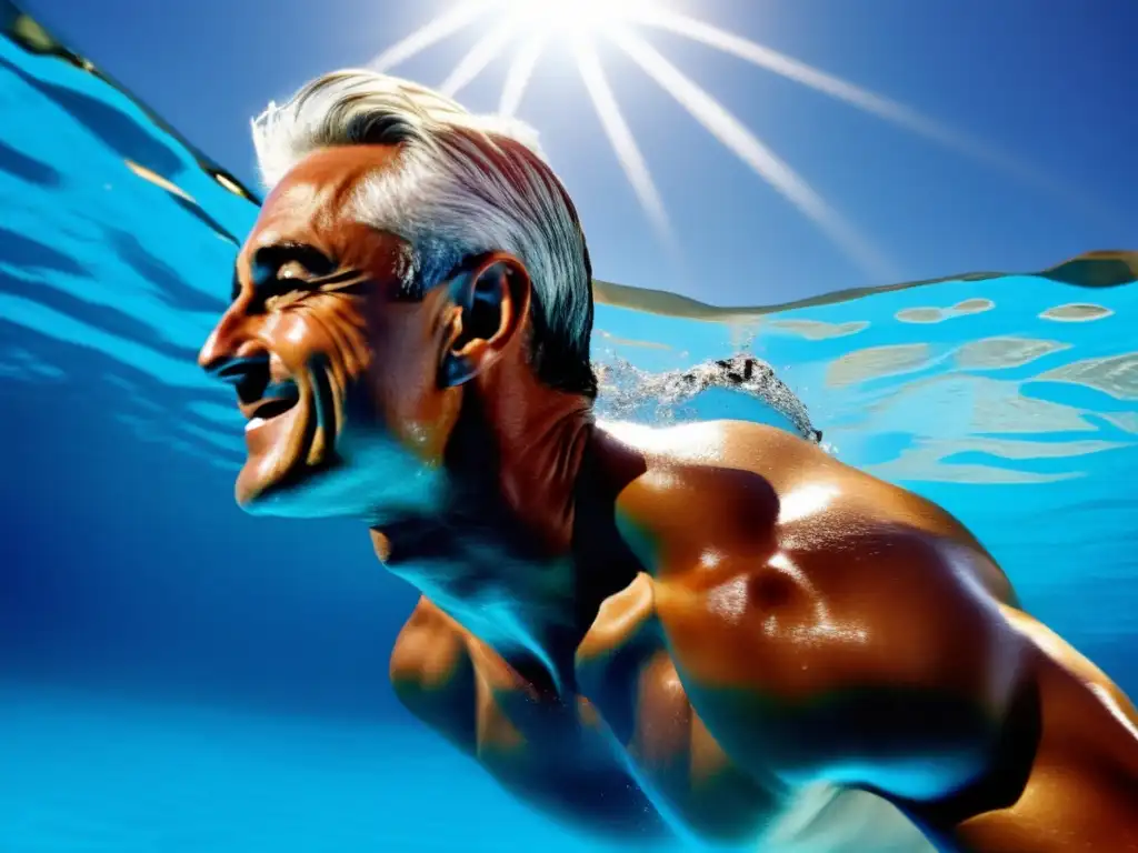 Greg Louganis impacto buceo, imagen alta resolución, cuerpo en agua cristalina, luz solar