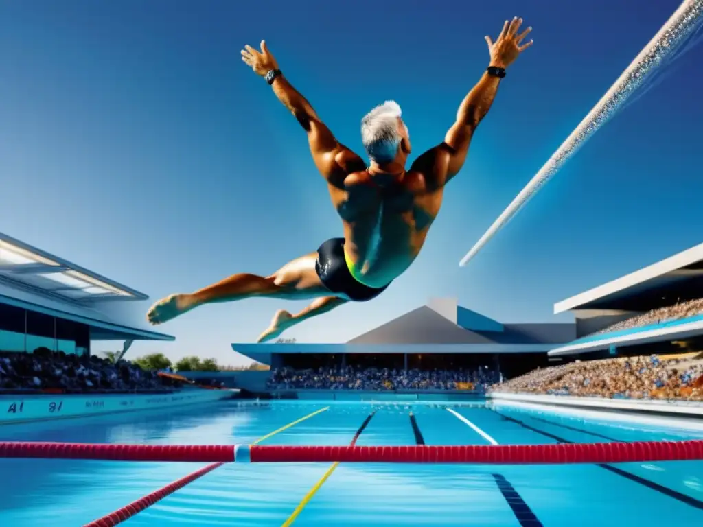 Greg Louganis en un salto perfecto, concentración total, agua en suspensión