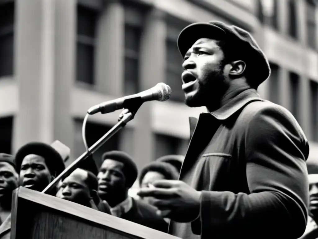 Fred Hampton lucha derechos civiles: Fotografía en blanco y negro de Hampton, con mirada intensa, hablando apasionadamente ante una multitud unida en la lucha por los derechos civiles