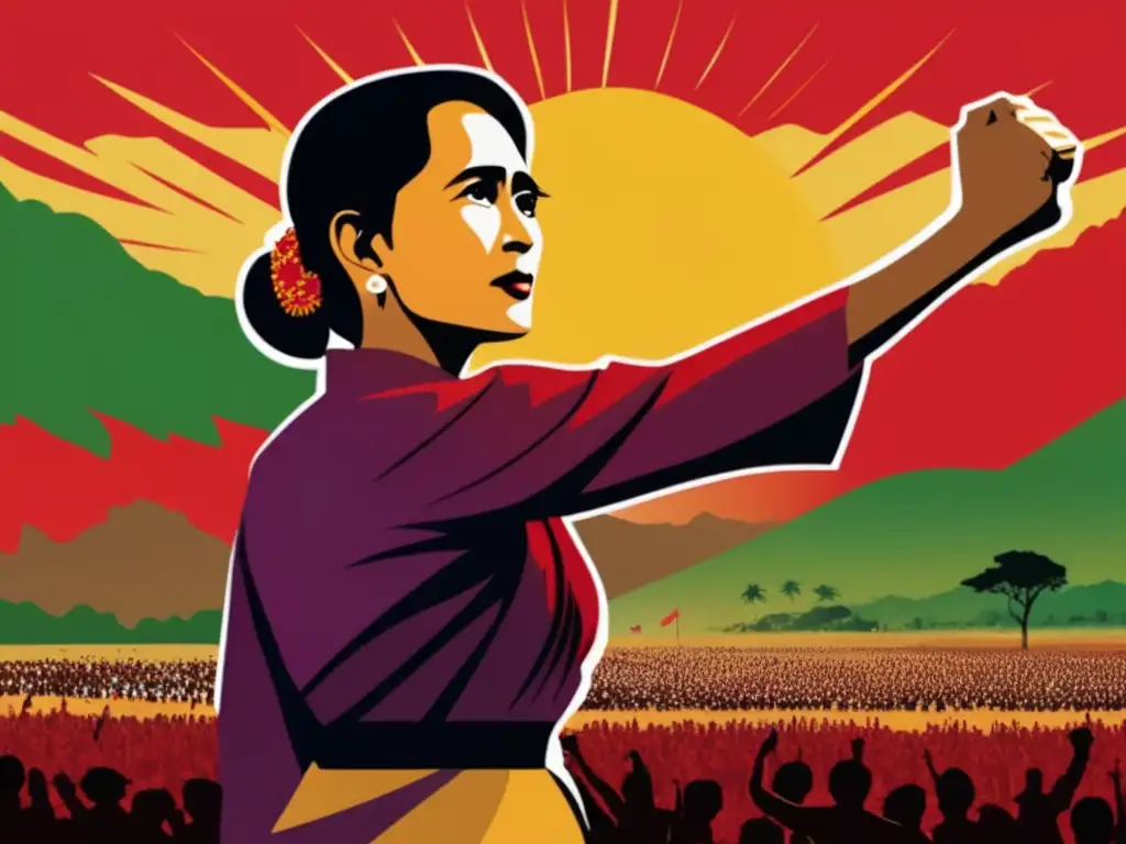 Aung San Suu Kyi lucha por la democracia en Myanmar, rodeada de seguidores, su puño en alto, en un paisaje vibrante y lleno de determinación
