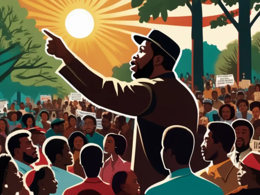 Fred Hampton lucha derechos civiles: imagen detallada de Hampton en un mitin, irradiando carisma y esperanza, rodeado de seguidores comprometidos
