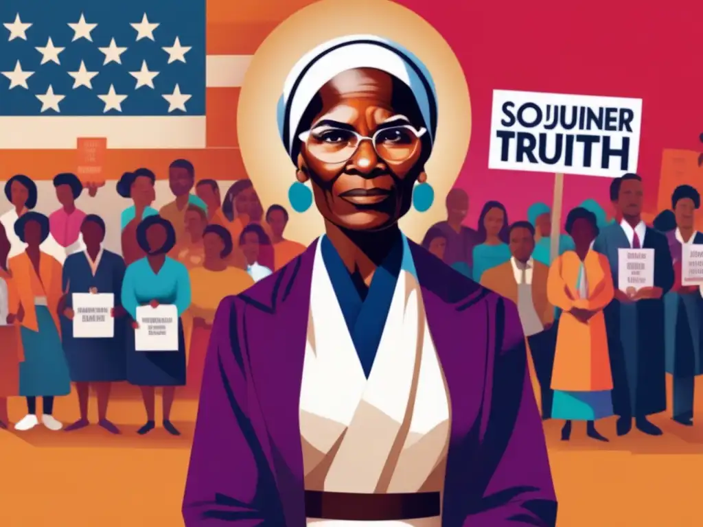 Sojourner Truth lidera la lucha por los derechos civiles, rodeada de seguidores diversos y pancartas inspiradoras
