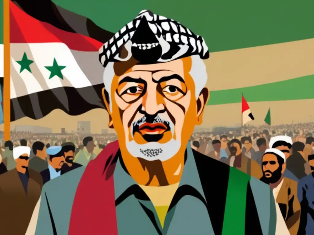 Yasser Arafat liderando la lucha de Palestina, con expresión determinada y multitud ondeando banderas palestinas