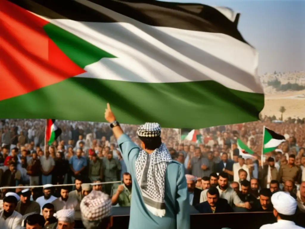 Yasser Arafat lidera la lucha por Palestina con pasión y determinación frente a una multitud