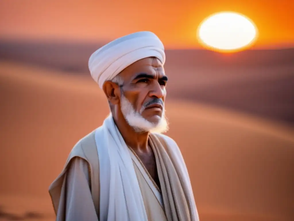 Omar Mukhtar, líder de la lucha de Libia, mira con determinación al horizonte en el desierto al atardecer