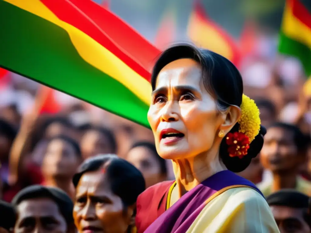 Aung San Suu Kyi lucha por la identidad de Myanmar, enérgica y determinada, rodeada de seguidores con pancartas y banderas