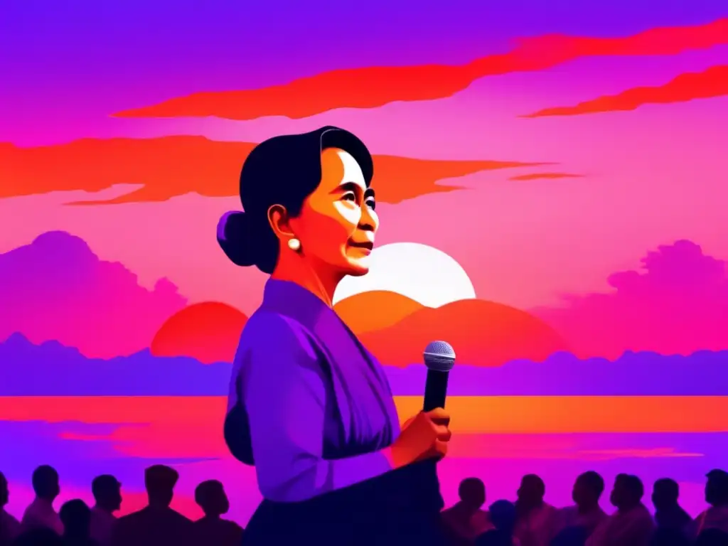 Aung San Suu Kyi lucha por la identidad de Myanmar, inspirando a sus seguidores con pasión y determinación bajo un vibrante atardecer