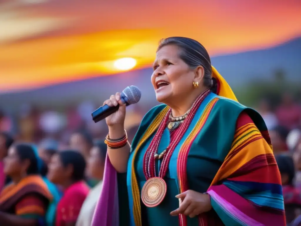 Rigoberta Menchú impulsa la lucha por la justicia de su comunidad indígena, envuelta en coloridos textiles