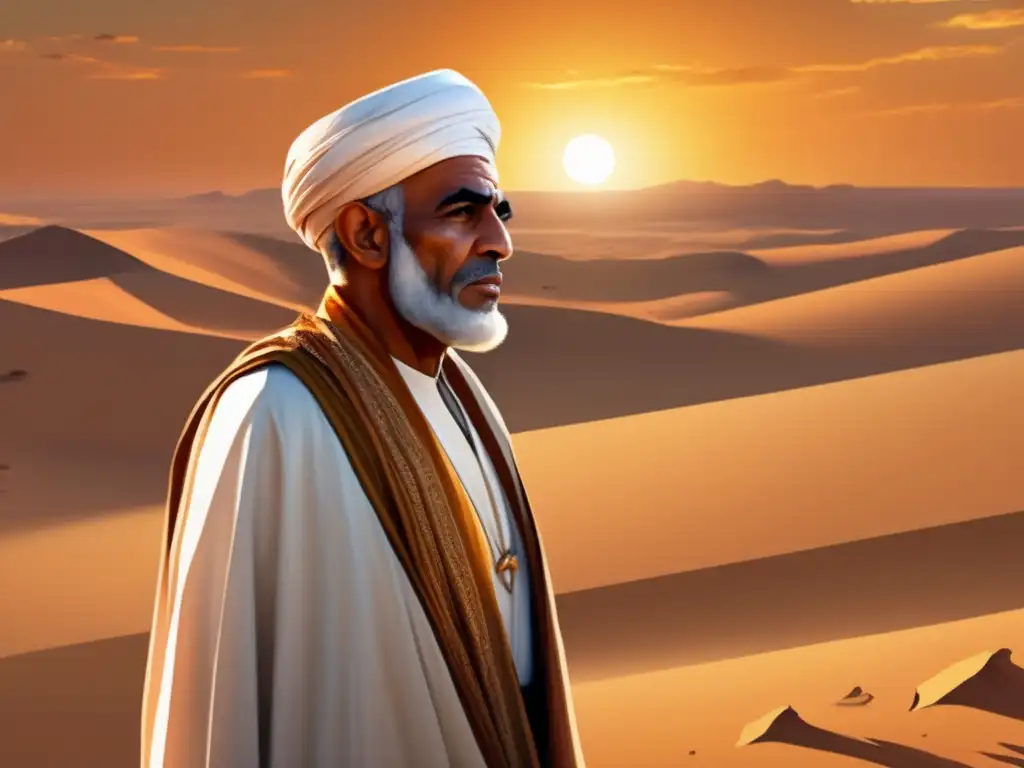 Omar Mukhtar, líder de la lucha de Libia, desafiante en el desierto al atardecer