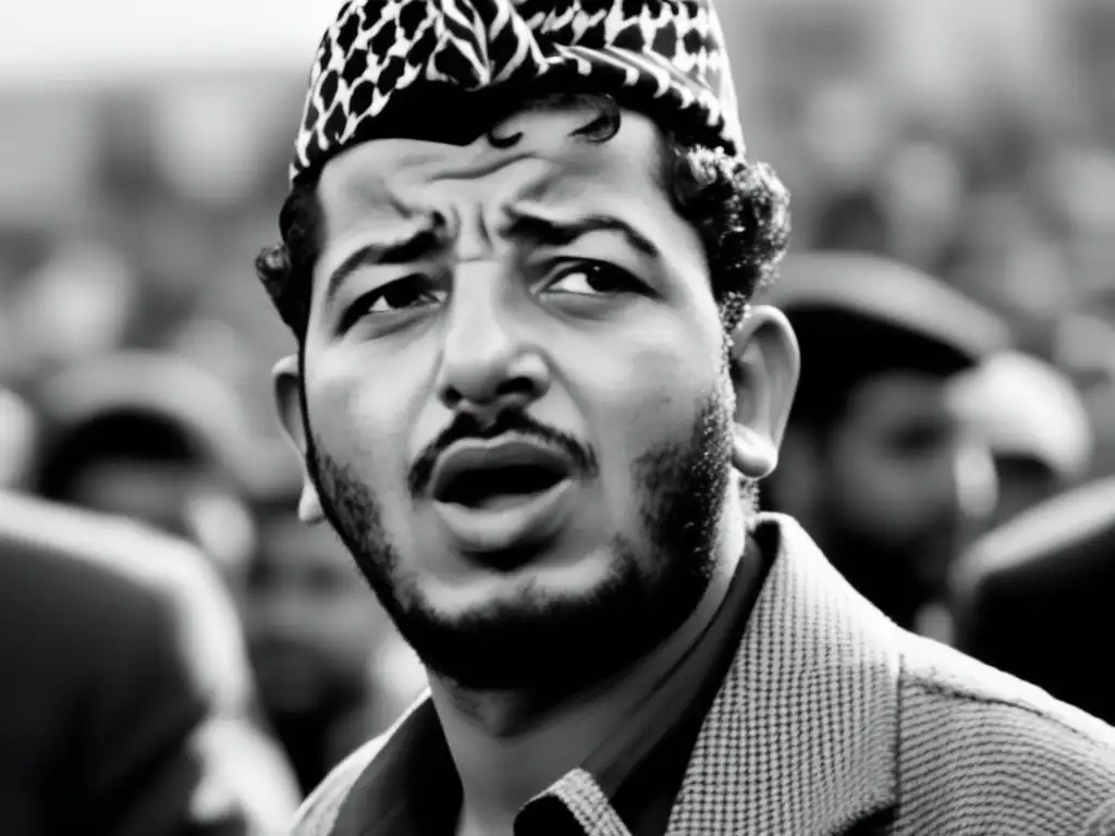 Yasser Arafat liderando la lucha por Palestina, hablando apasionadamente ante una multitud