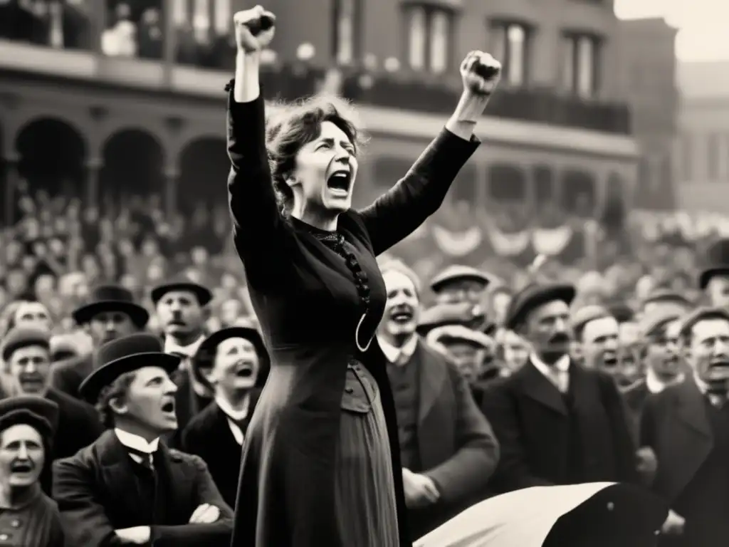 Emmeline Pankhurst lidera la lucha por el sufragio femenino con pasión y determinación, mientras la multitud la escucha cautivada