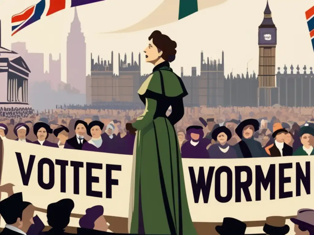 Emmeline Pankhurst lidera la lucha por el sufragio femenino con determinación, inspirando a la multitud en la ciudad