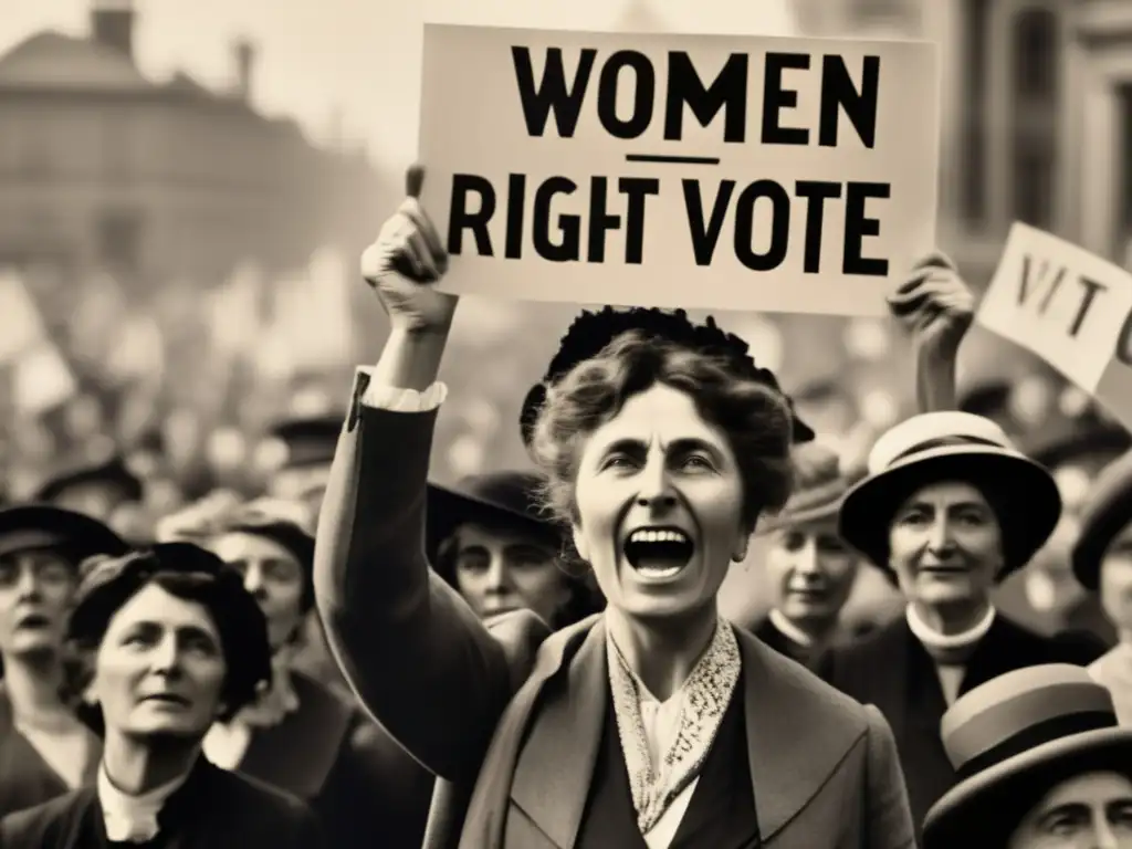 Emmeline Pankhurst lidera la lucha por el sufragio femenino, rodeada de sufragistas determinadas