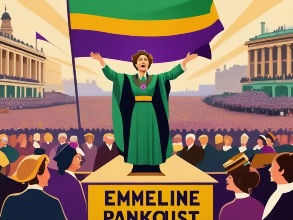 Emmeline Pankhurst lidera la lucha por el sufragio femenino, rodeada de una multitud diversa y colorida, en una imagen 8k ultra detallada