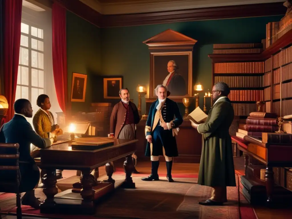En una lujosa biblioteca colonial, pensadores políticos era colonial debaten apasionadamente