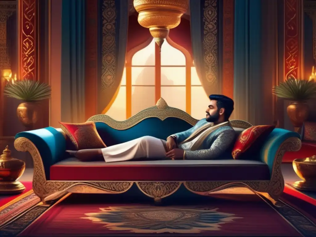 En la lujosa sala de Harun alRashid, el califa se recuesta en un diván rodeado de opulentos tesoros