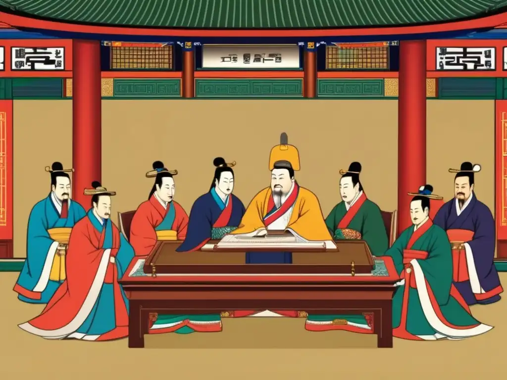 Realeza en acción: King Sejong crea Hangul- En una lujosa sala del siglo XV, Sejong el Grande crea el alfabeto coreano, rodeado de eruditos y funcionarios