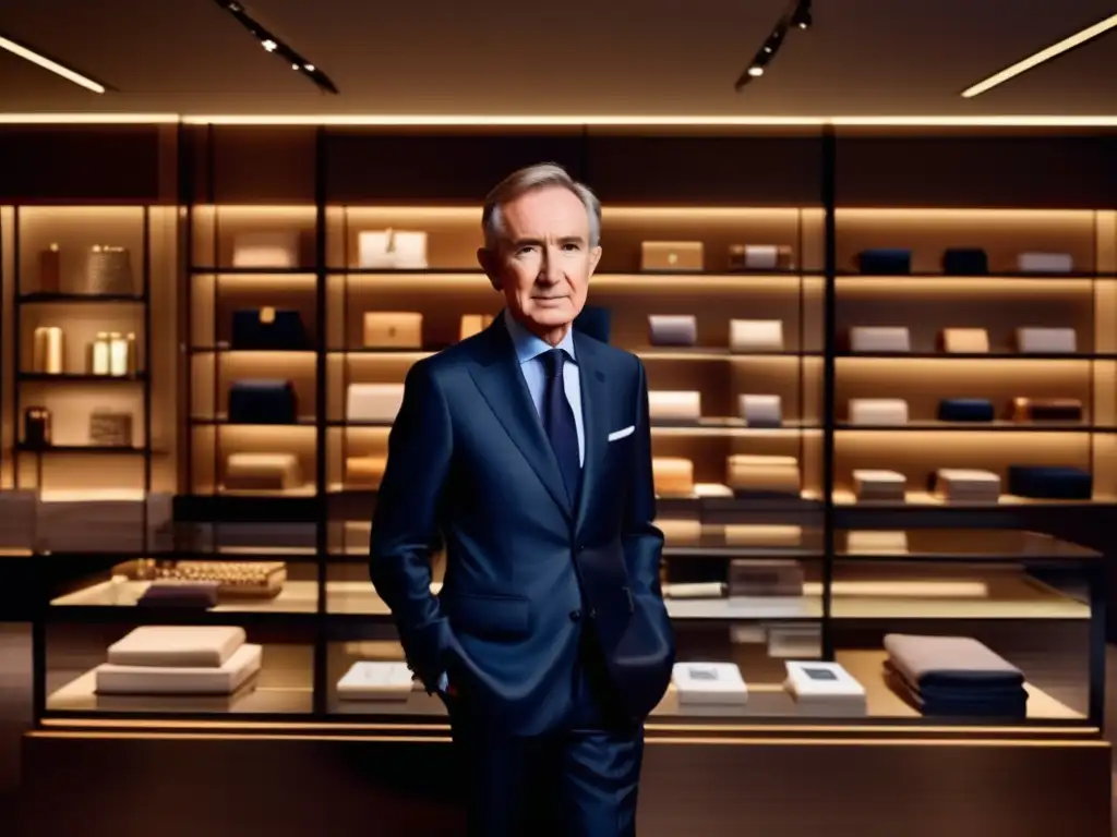En la lujosa tienda, Bernard Arnault irradia éxito y estrategia, rodeado de productos de lujo
